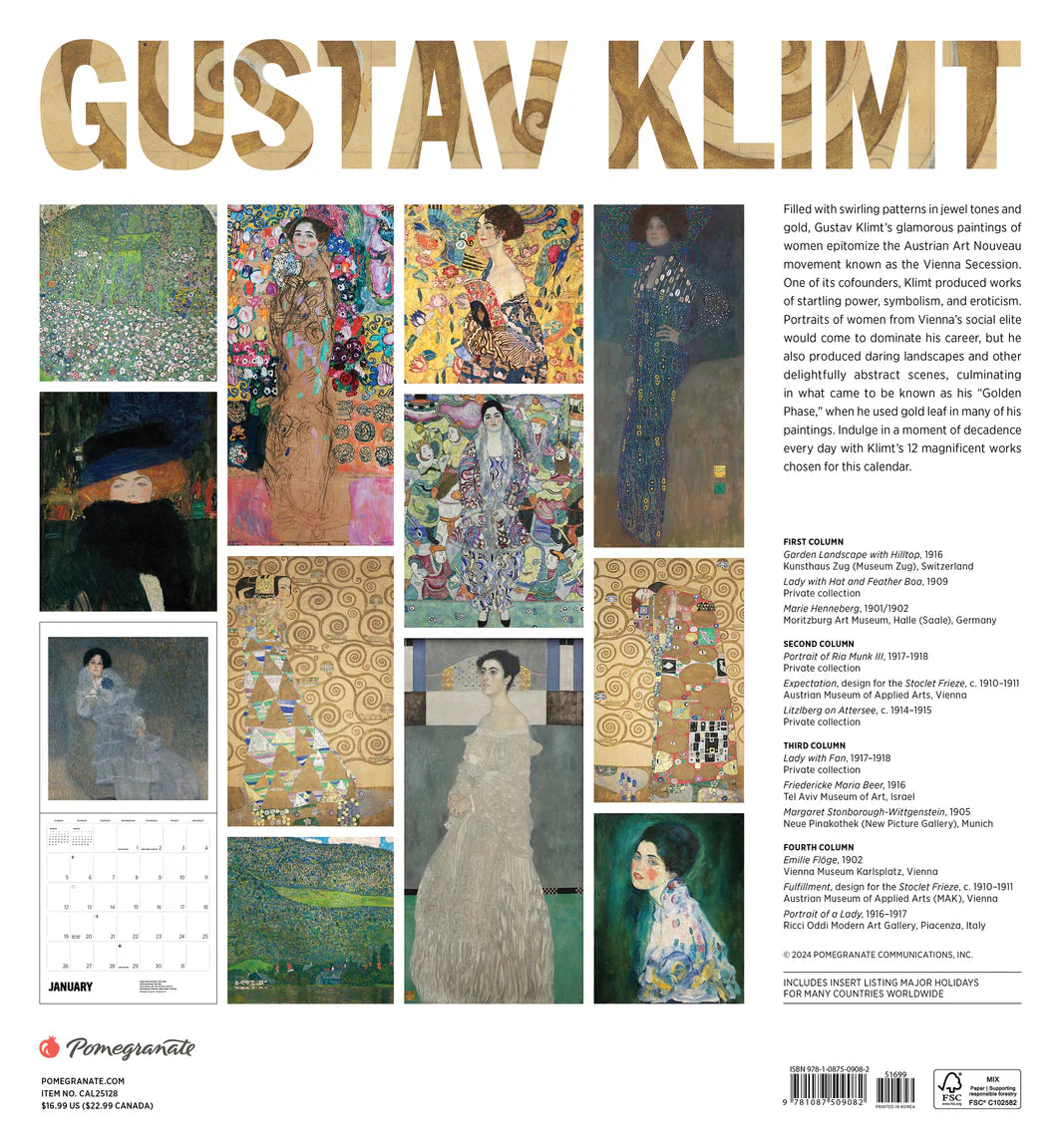 Gustav Klimt 2025 Wall Calendar Vancouver Art Gallery Store
